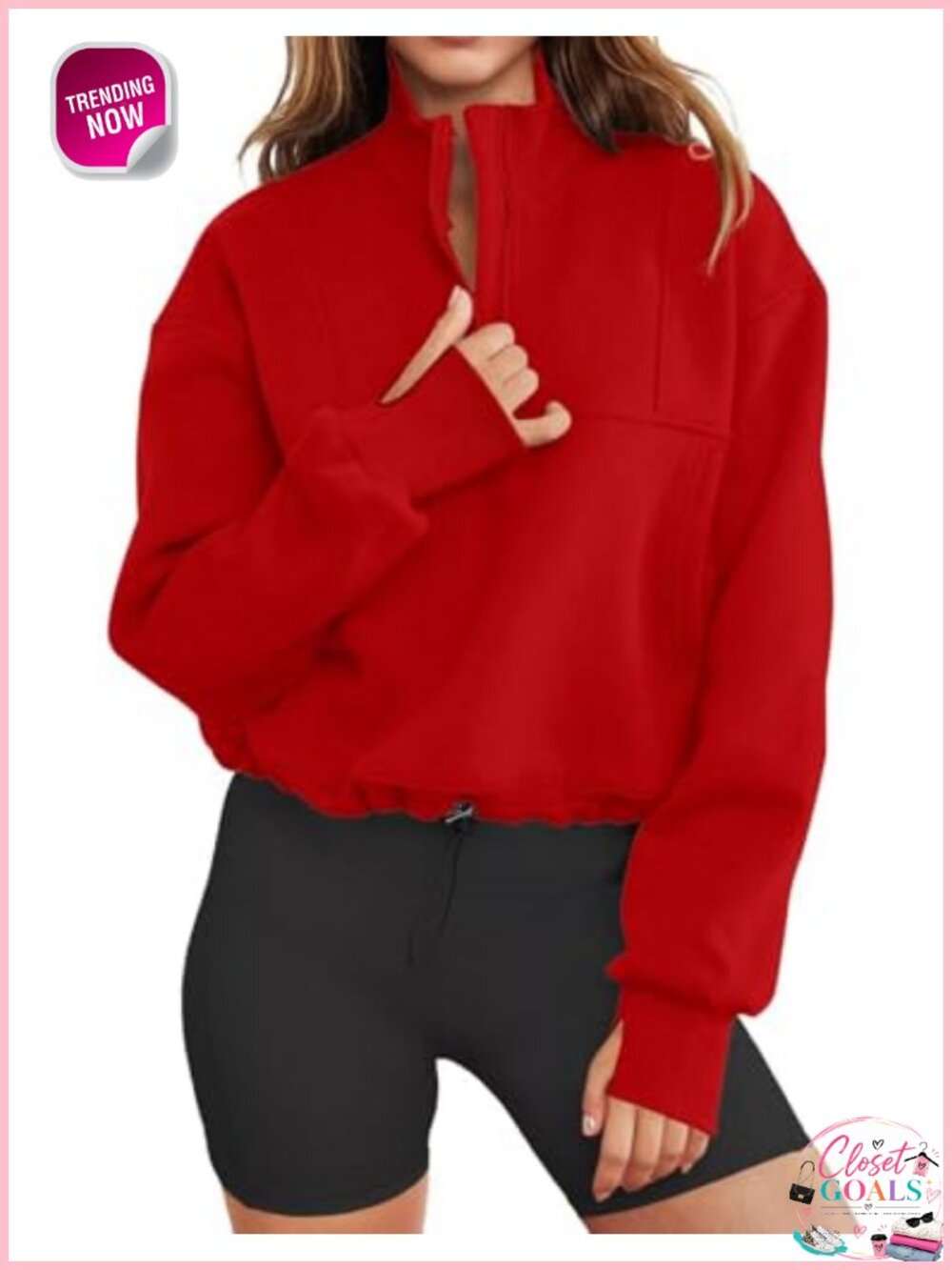Women Long Sleeve Half Zip Cropped Sweatshirt with Thumb Holes